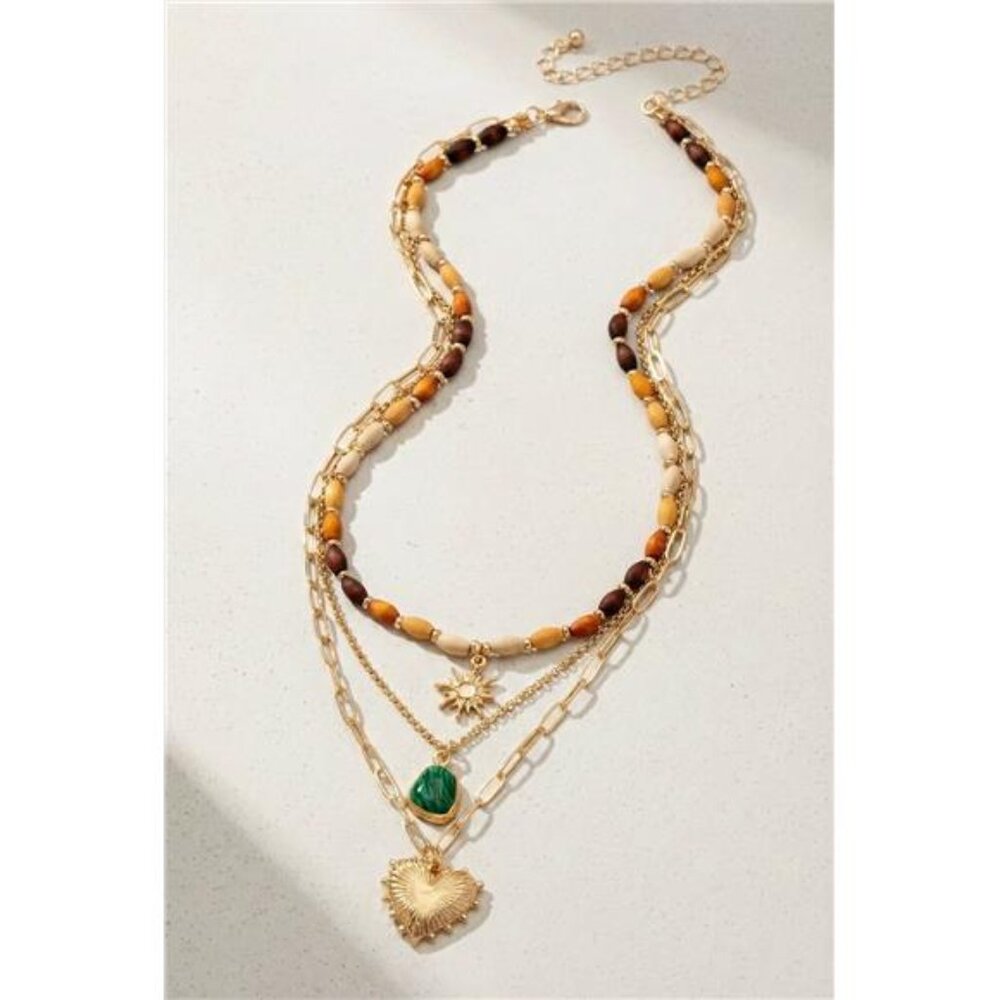 Layered Wood Bead and Charm Necklace
